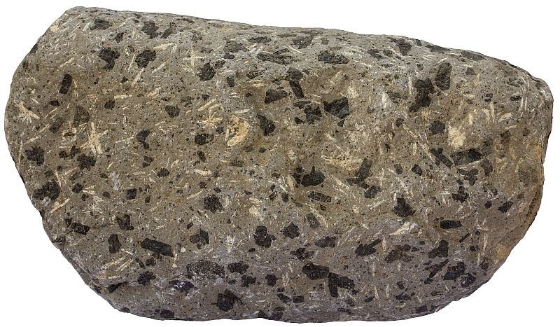 Diabasa con fenocristales augita y plagioclasa de Tenerife.Roca basáltica de Tenerife. Los fenocristales son plagioclasa (blanca) y piroxeno (negra). Anchura de la muestra 14 cm.