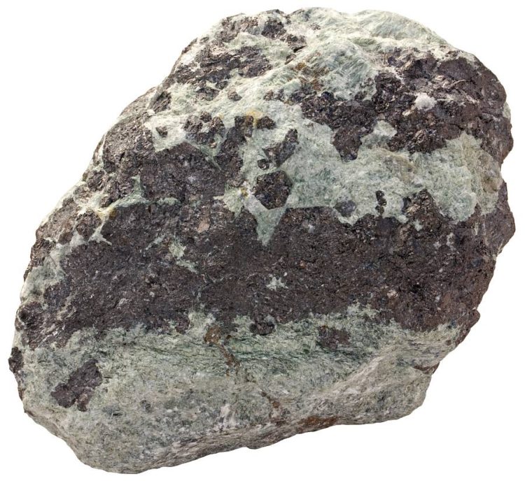 Magnetite tremolite skarn. Width of sample: 8 cm.