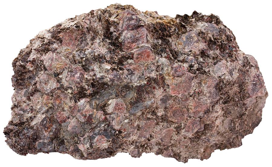 Pegmatite that contains two common minerals (biotite and garnet). But very unusual is that this is all there seems to be. No feldspars or quartz. Garnet crystals have well-developed crystal faces. Width of sample 13 cm. Senja, Norway.
