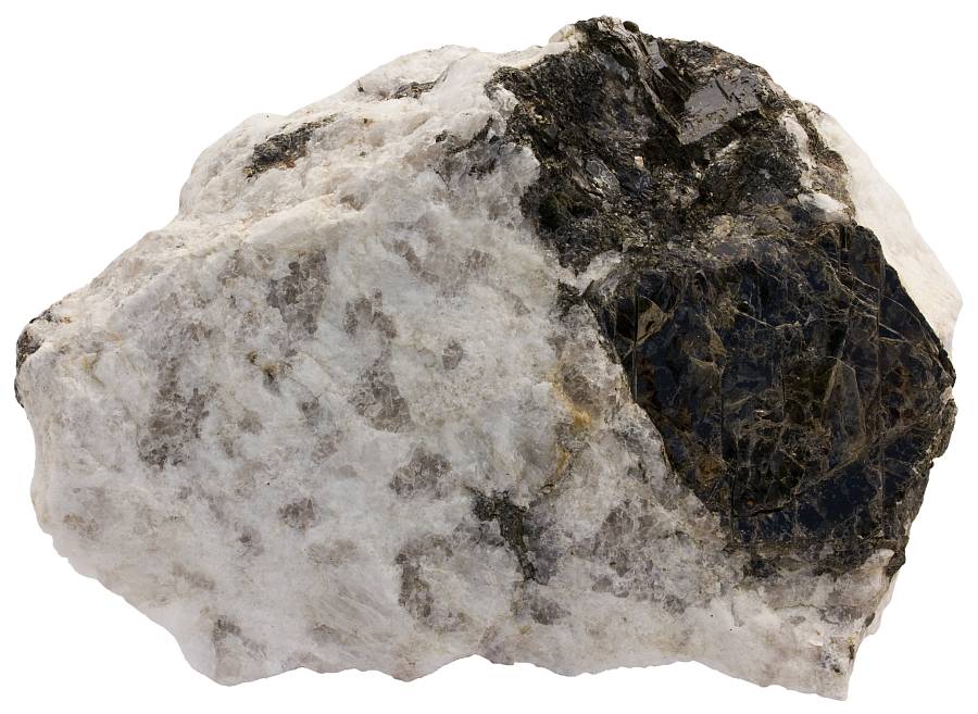 Tonalite pegmatite. Black is biotite, white is plagioclase, gray is quartz. Trælen, Senja, Norway. Width of sample 17 cm.