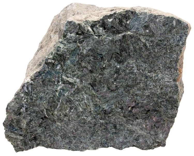 Actinolite magnetite calcite skarn from Kiruna, Sweden. Width of sample: 8 cm.