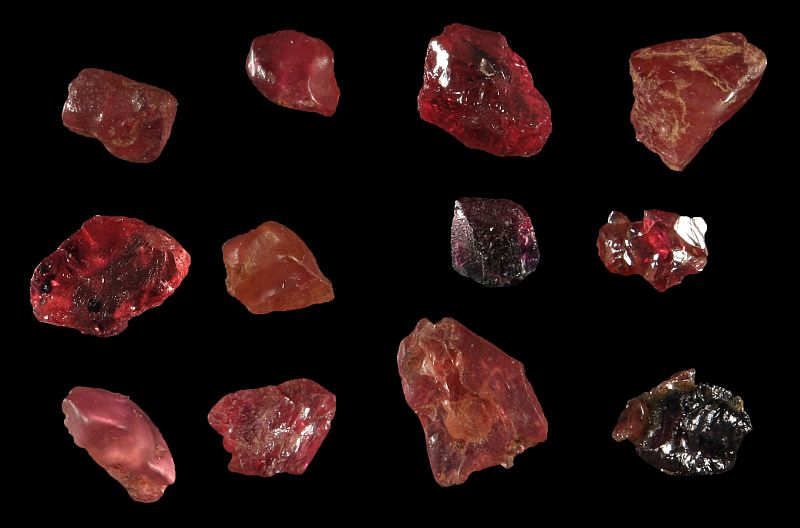 Detrital corundum (ruby) crystals