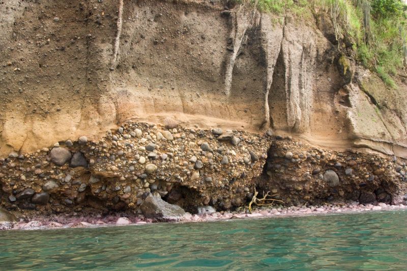 Coastal cliff of Saint Lucia composed of conglomerate and volcanoclastic rocks