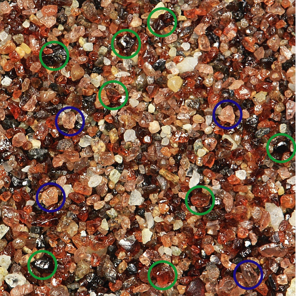 Sand grains of staurolite and garnet